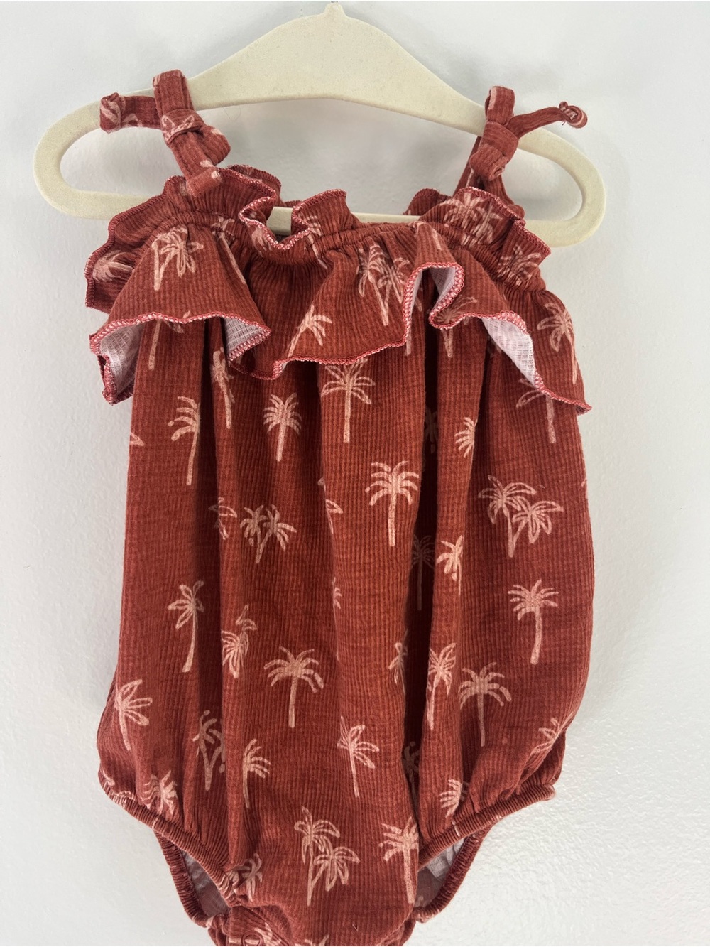 Little co. Rust Palm-Print Ruffle baby Romper size 6 months